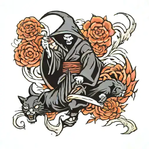 Grim Reaper And Black Cat Walking Next To Each Other