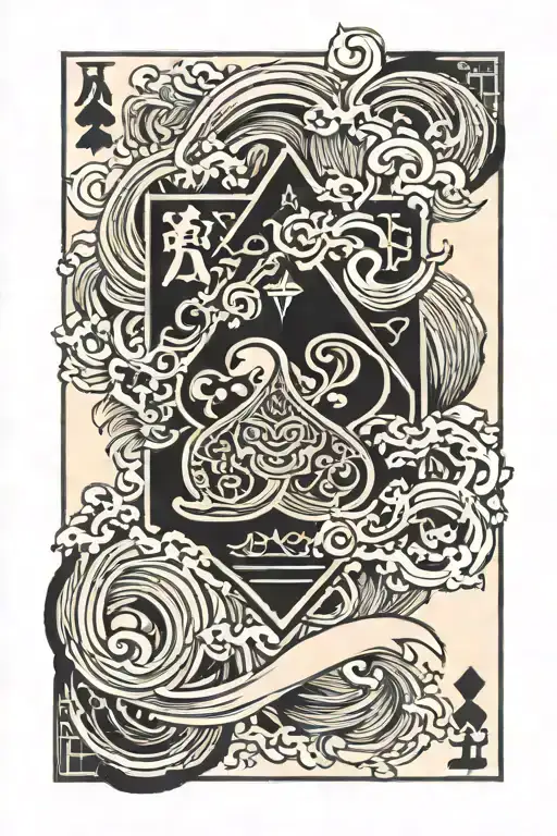 Ace Of Spade Card With Japanese Waves Flowing Around The Card