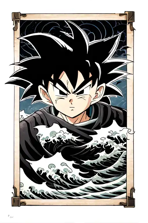 Dragon Ball Z With Japenese Wave Background Black