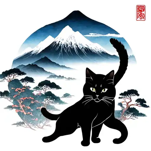 Mountain Landscape With Black Cat Silhouette