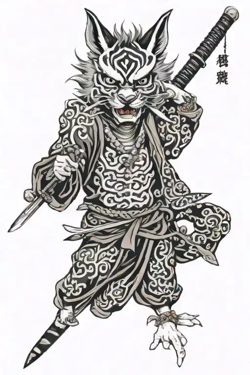 Oni Mask And Fox Mask Around The Katana