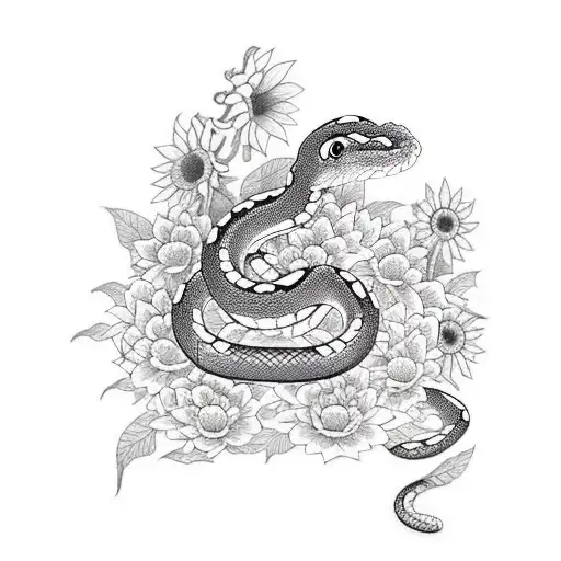 Snake On A Dagger With Sunflower And Daisy In The Background