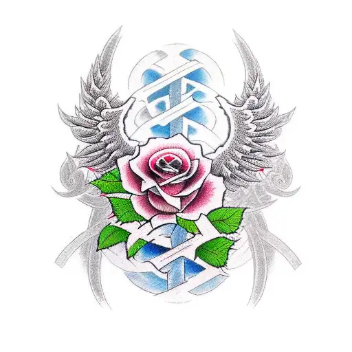 Christian Cross With Roses And Wings