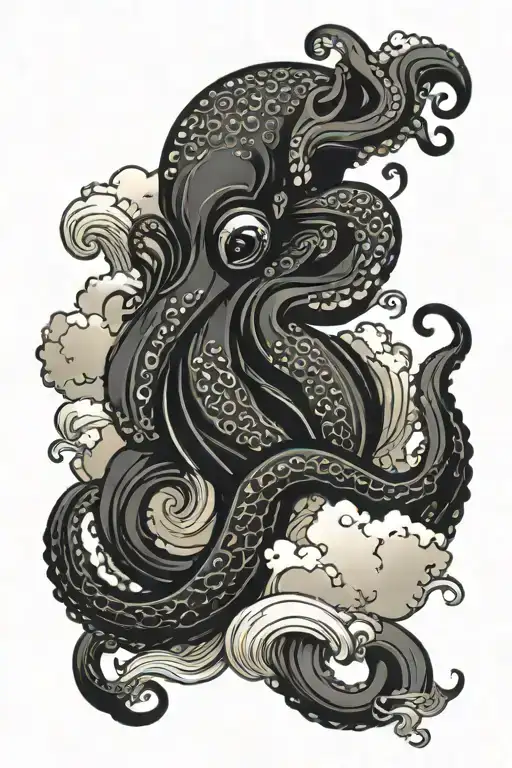 Oriental Octopus With Clouds And Waves