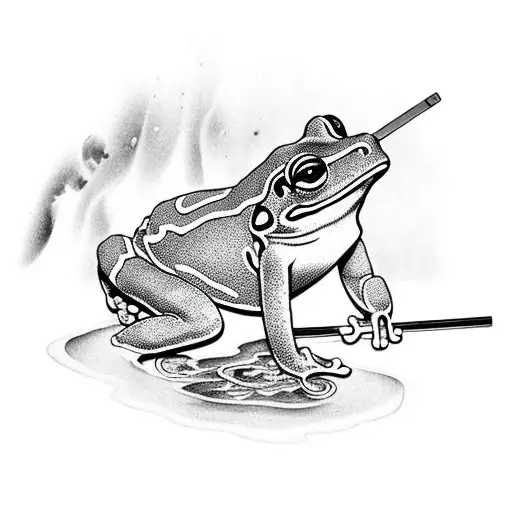 Japanese Frog Leaning Up Against A Well With A Straw Hat And Sword