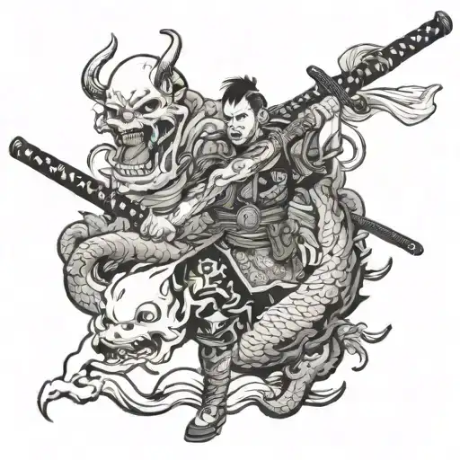 Modern Russian Soldier With Katana Among Demons