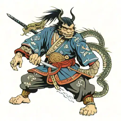 Medival Samurai And Japanese Dragon