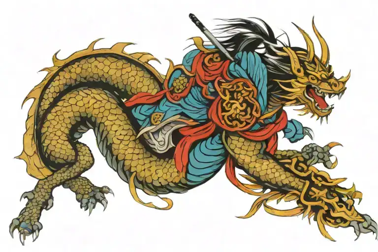 Medival Samurai And Japanese Dragon