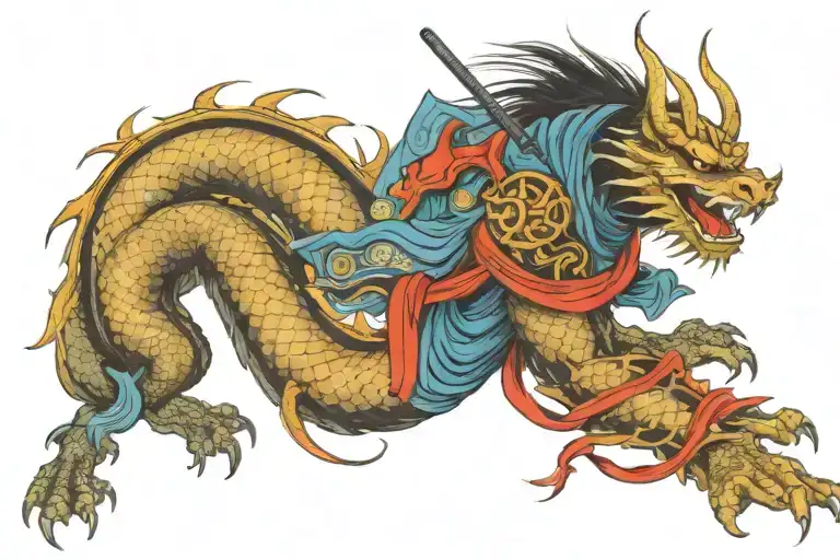 Medival Samurai And Japanese Dragon
