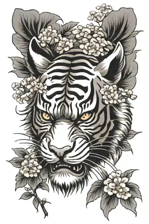 Japanese Tiger And Oni Mask With Sakura Tree