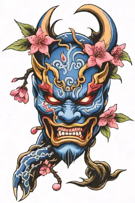 Arm Tattoo Of A Blue And Dark Purple Oni Mask With Pink Cherry Blossoms Around It