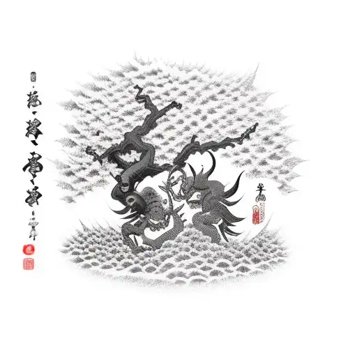 Demon And Samuri Fighting In Front Of Cherry Tree