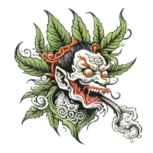 With Little Demons Surrounding The Head Smoking Marijuana
