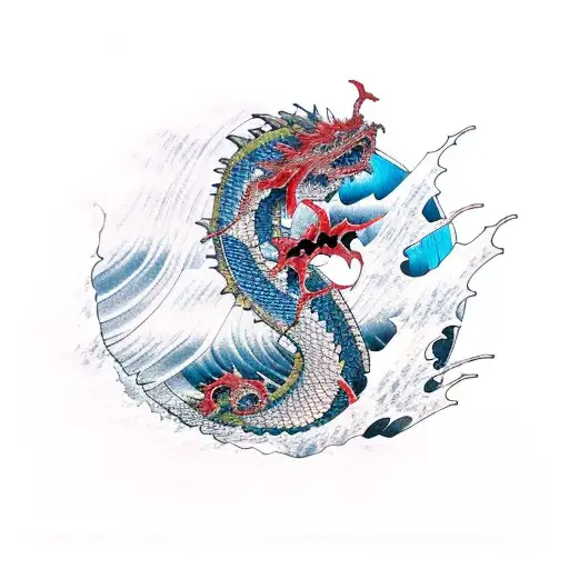 Crashing Waves Surrounding A Japanese Dragon