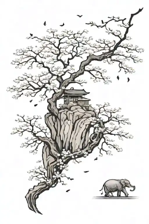 Cherry Blossom Tree On Rocky Cliff With Petals Falling With An Elephants Face Withing The Cliffside