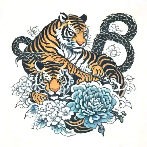 Tiger And Dragon Fighting In Flowers Coming