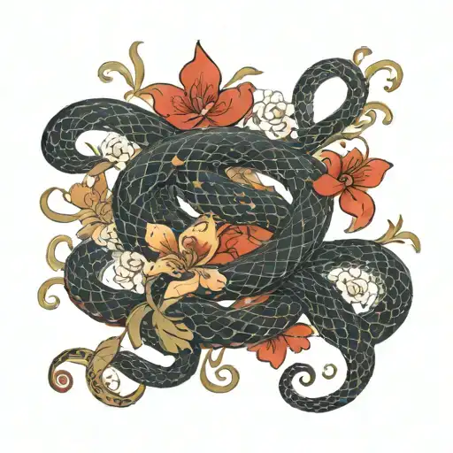 Red Flower With Black Snake Wrapped