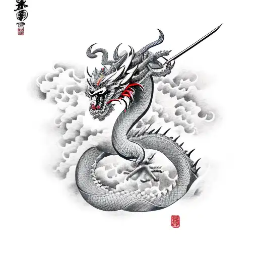 Demon Dragon With Katana And Clouds