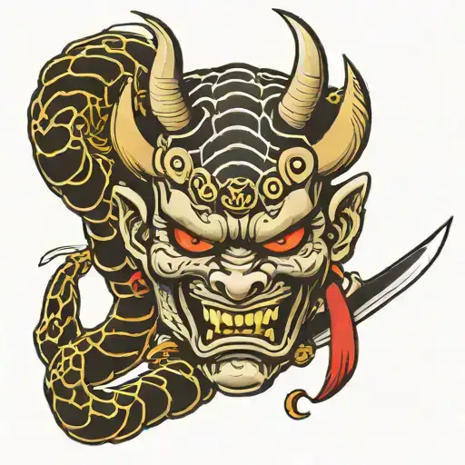 Oni Mask With A Katana And A Black Mamba