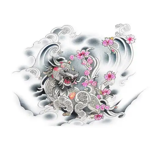 Foo Dog With Cherry Blossom And Wave Tatto Sleeve