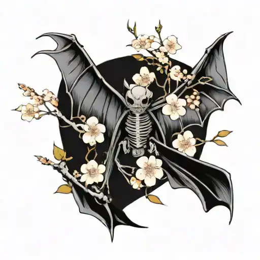Bat With An Exposed Skeleton And A Cherry Blossom