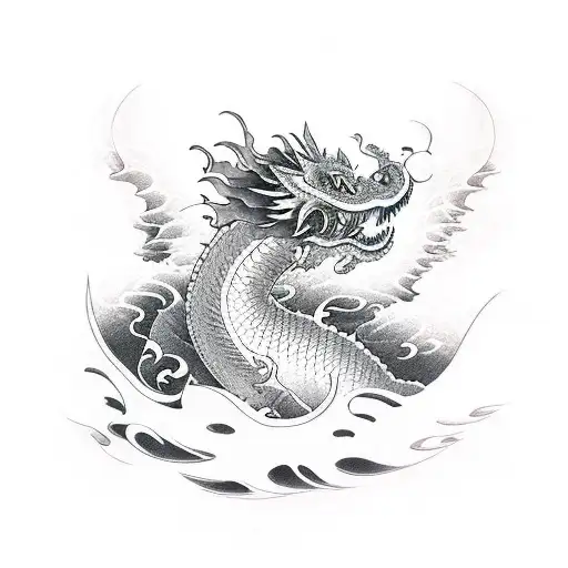 A Dotwork Japanese Dragon Emerging From A Wave