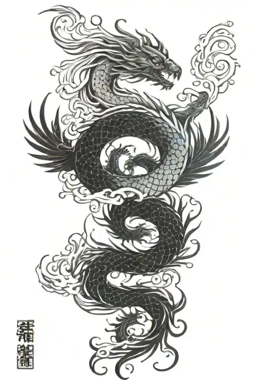 Phoenix Vs Sea Serpent Intertwined Representing Yin Yang
