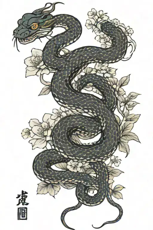 A Japanese Snake We're The Body Is Long And Curled And There's Flowers Surrounding It