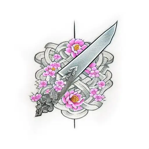 Gryffindor Sword Intertwined With Pink Japanese Flowers