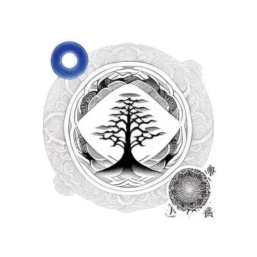 Enso With Tree Of Life And Mandala And Word Breath As Well As Waves