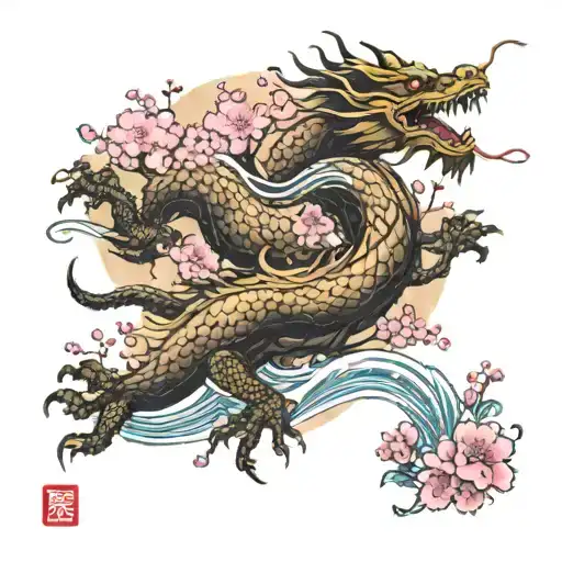Golden Dragon Floating With Pink Sakura Trees Luscious In The Background