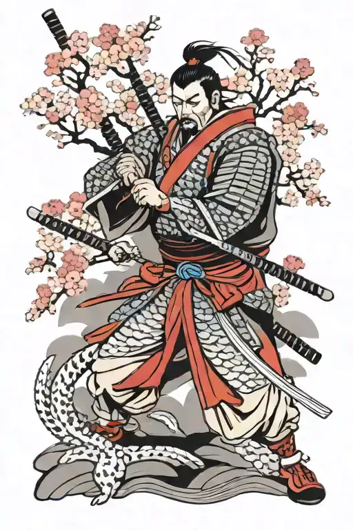 Japanese Samurai Ronin Facing Front Cherry Blossom Trees Behind
