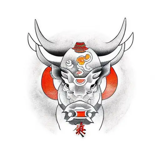 Side Horned Bull With Red And Orange Lines