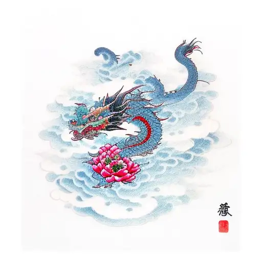 Top Clouds With Ascending Dragon With 3 Red Peonies Throughout Waves At Bottom