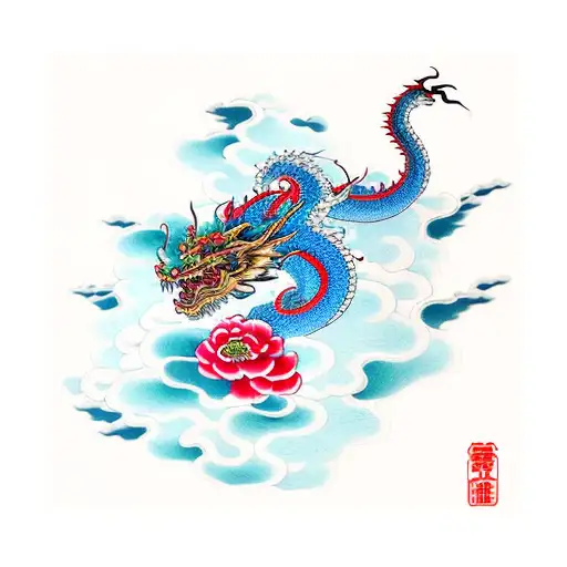 Top Clouds With Ascending Dragon With 3 Red Peonies Throughout Waves At Bottom
