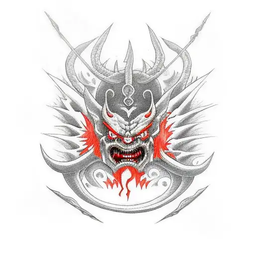 Vertical Demon Holding 2 Axes With Red Fire In Eyes