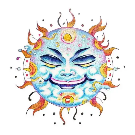 A Traditional Style Tattoo Of A Smiling Sun And A Crying Moon