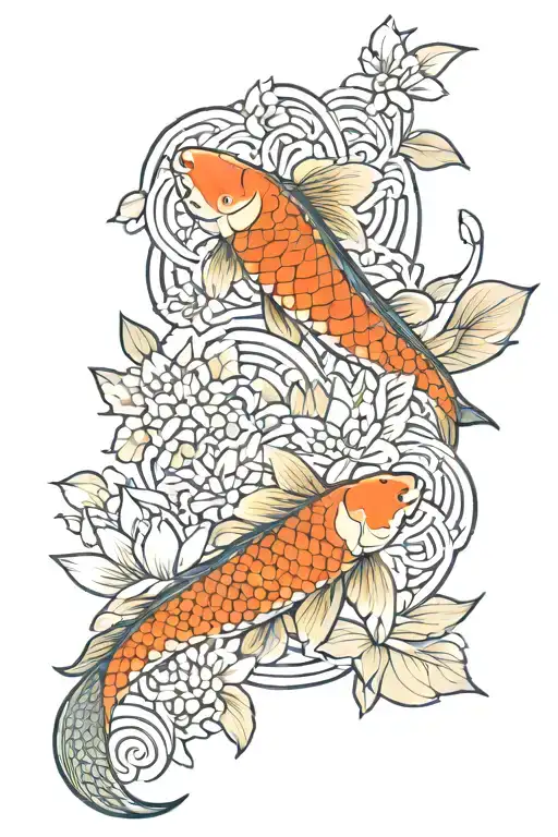 Nishiki Koi And Lotus Flower Growing