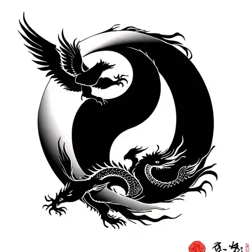 Phoenix And Dragon Flying Around A Yin And Yang Symbol