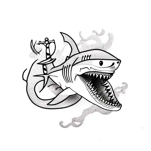 Shark With Skeleton And Anchor And Fish