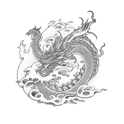 A Blackwork Japanese Dragon Swimming Through A Sea Of Waves