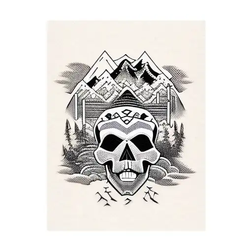 Skull With Mtb And Mountains