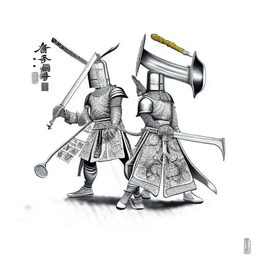 A Chef In White Uniform And A Knight In Golden Armor Fighting Over A Chalice With Red Katanas
