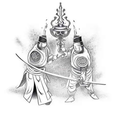 A Chef In White Uniform And A Knight In Golden Armor Fighting Over A Chalice With Red Katanas