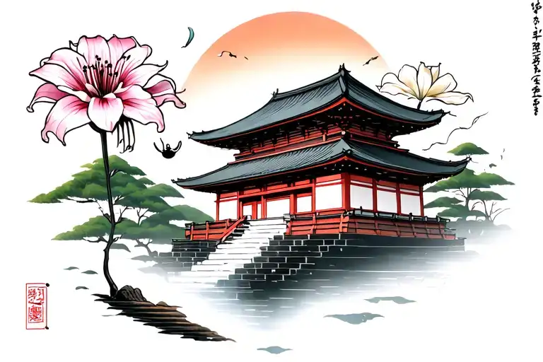 Japanese Temple With Spider Lily Floating Around
