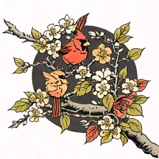 Dogwood Tree Branch With Flowers And A Male And Female Cardinal On Opposite Sides