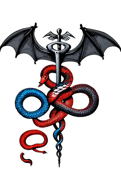 Caduceus Stick With A Red And A Blue Snake Intertwined Under A Bat