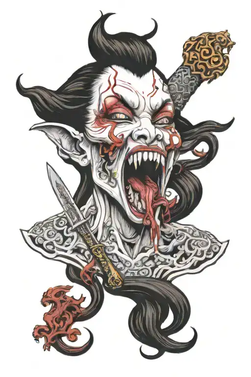 Vampire Medusa Head Licking A Knife With Blood On Her Mouth