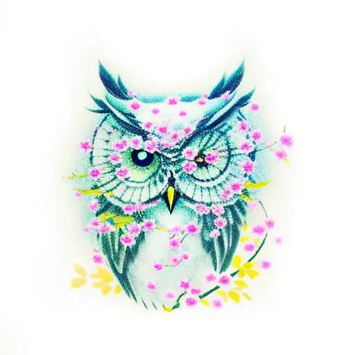 Owl With Sakura Flowers