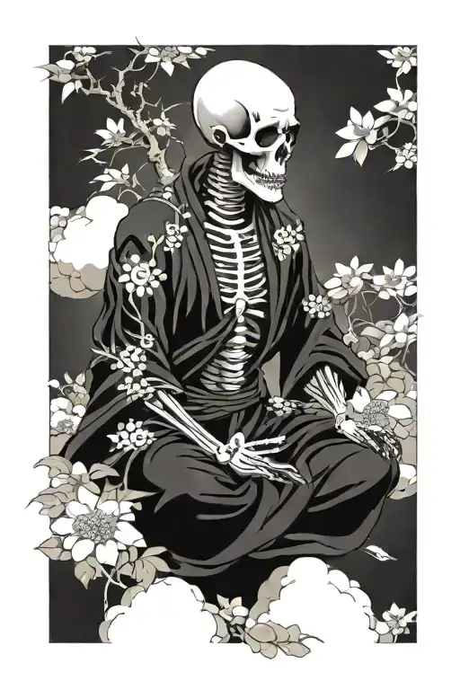 Skeleton Monk Meditating Surrounded By Flowers And Big Sun Behind Him